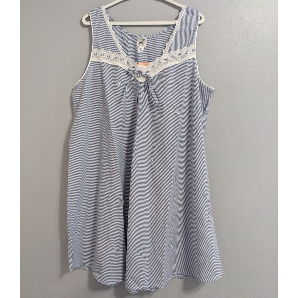Miss Elaine Blue White Striped Seersucker Nightgown Cottagecore Women 2X NWT
